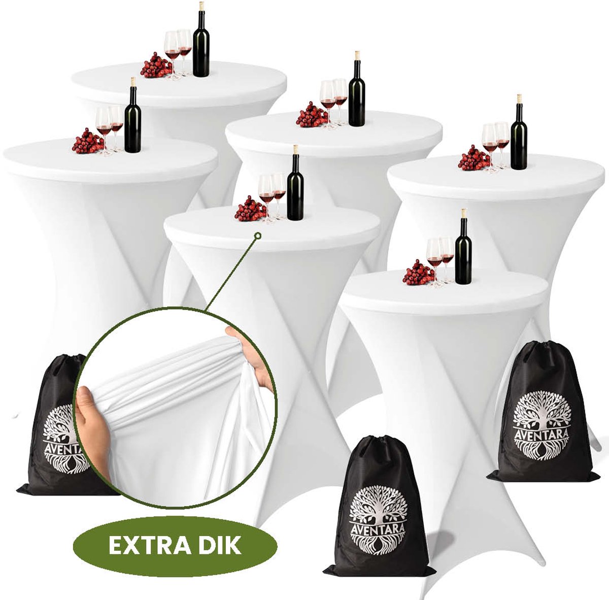 Statafelrok Wit x 6 – ∅80-85 x 110 cm met Opbergtas – Statafelhoes Stretch Stof – Kras- en Vouwvrije Statafel Rok Extra Dik – Sta Tafelrok - 6 Stuks – Statafelhoezen Voor Horeca, Evenementen, Feest, Bruiloft en Partijen