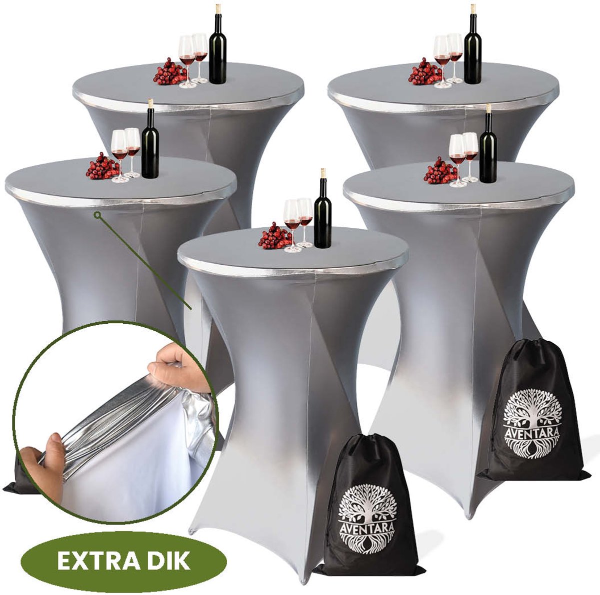 Statafelrok Zilver x 5 – ∅80-85 x 110 cm met Opbergtas – Statafelhoes Stretch Stof – Kras- en Vouwvrije Statafel Rok Extra Dik – Zilveren Sta Tafelrok 5 Stuks – Statafelhoezen Voor Horeca Evenementen Feest Bruiloft Partijen