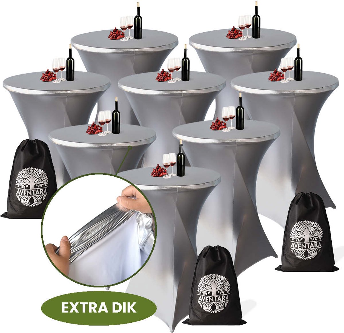 Statafelrok Zilver x 8 – ∅80-85 x 110 cm met Opbergtas – Statafelhoes Stretch Stof – Kras- en Vouwvrije Statafel Rok Extra Dik – Zilveren Sta Tafelrok 8 Stuks – Statafelhoezen Voor Horeca Evenementen Feest Bruiloft Partijen
