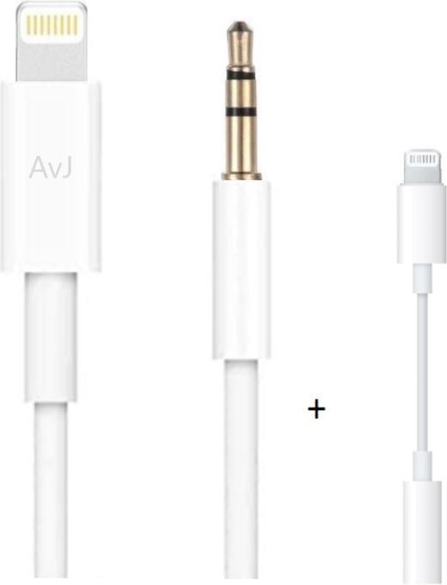 AvJ Aux Kabel - Auto iPhone - Iphone Aux - kabel auto - iPad iPod - iPhone Lightning - 3.5 mm - 1 Meter - incl Apple lightning naar 3,5 mm Jack audio aansluiting adapter - Wit Tpe