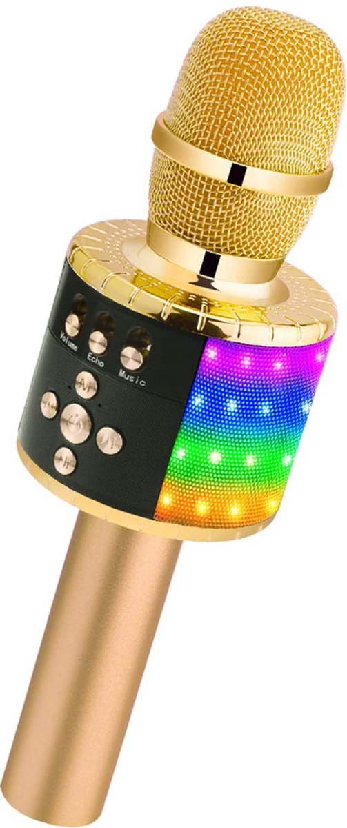 AyeWay 3 in 1 Karaoke Microfoon - Draadloos - Bluetooth Verbinding – Ingebouwde Speaker – Ingebouwde Disco lichten - Goud