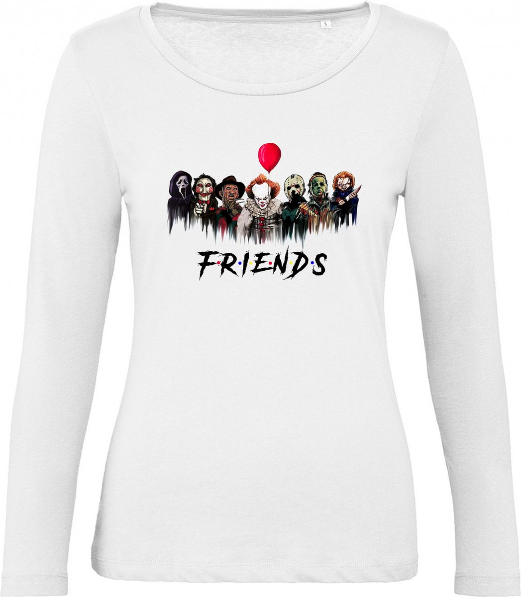 B & C - Dames T Shirt Friends Horror - Lange Mouw - Wit - Maat M