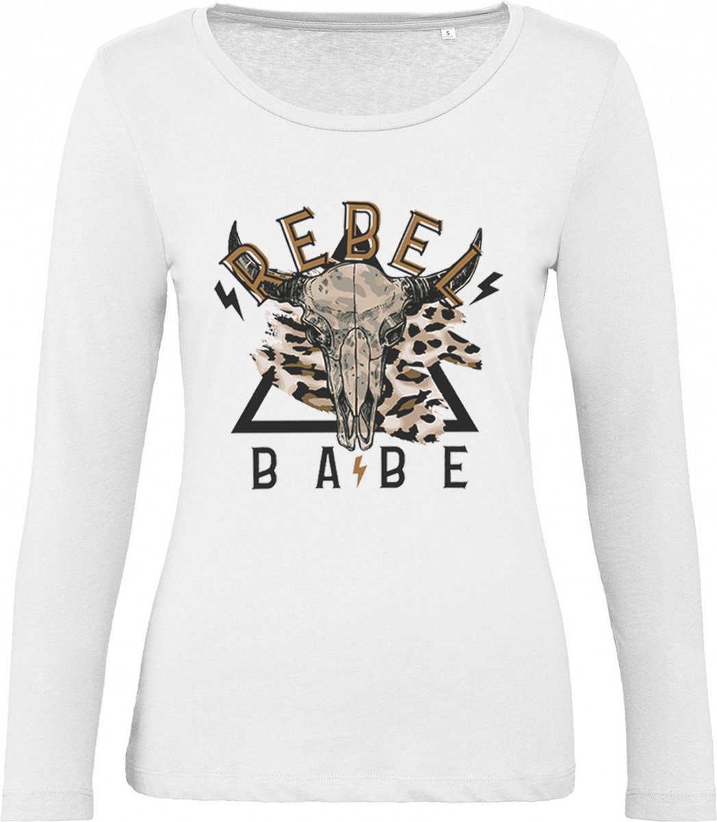 B & C - Dames T Shirt Rebel  - Lange Mouw - Wit - Maat 2XL