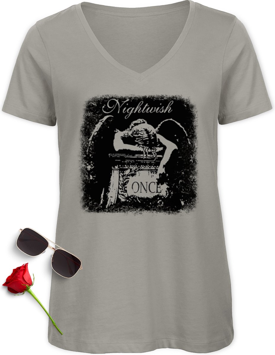 Dames t Shirt Nightwish - Vrouwen tShirt met  Nightwish Print opdruk - Maten: S M L XL XXL - Shirt kleur: L. Grijs