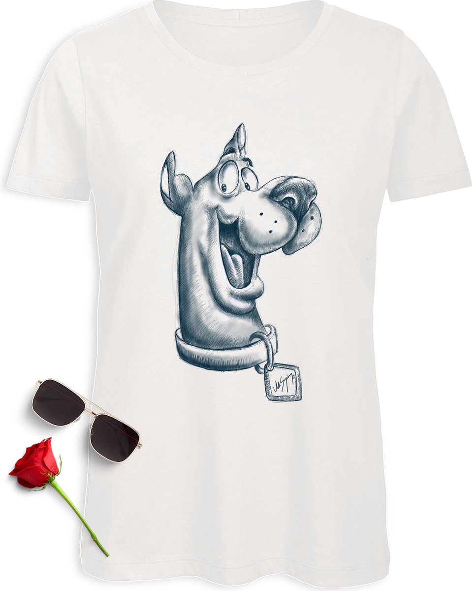 Dames t shirt Scooby Doo - Vrouwen tshirt met cartoon print - Maten S tm 2XL -  Shirt kleur Wit.