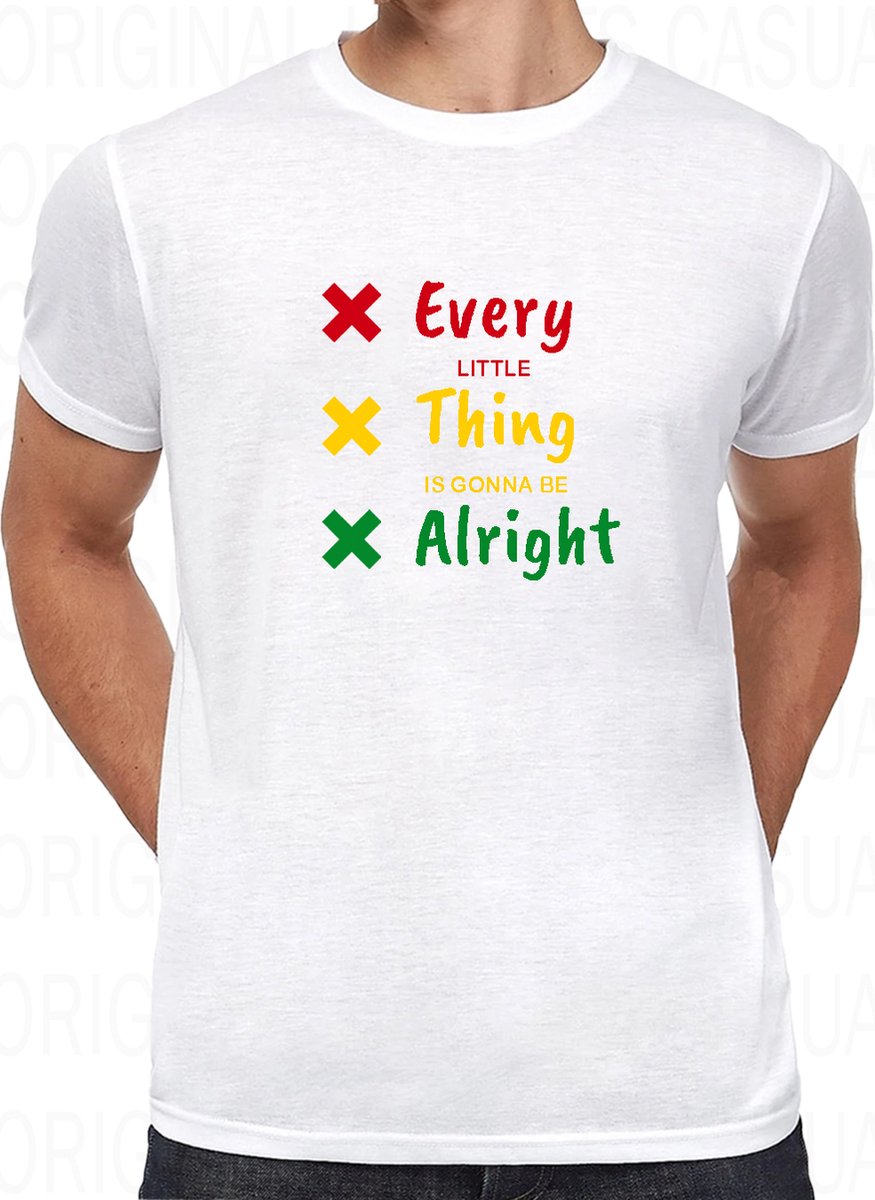 EVERY LITTLE THING IS GONNA BE ALRIGHT herenshirt - Wit - Maat XL - Korte mouwen - Ronde hals - Regular Fit - Ajax 020 Amsterdam - Bob Marley - Rastabirds - Rastafari - Original Kwoots