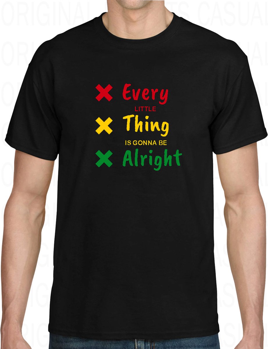 EVERY LITTLE THING IS GONNA BE ALRIGHT herenshirt - Zwart - Maat M - Korte mouwen - Ronde hals - Regular Fit - Ajax 020 Amsterdam - Bob Marley - Rastabirds - Rastafari - Original Kwoots