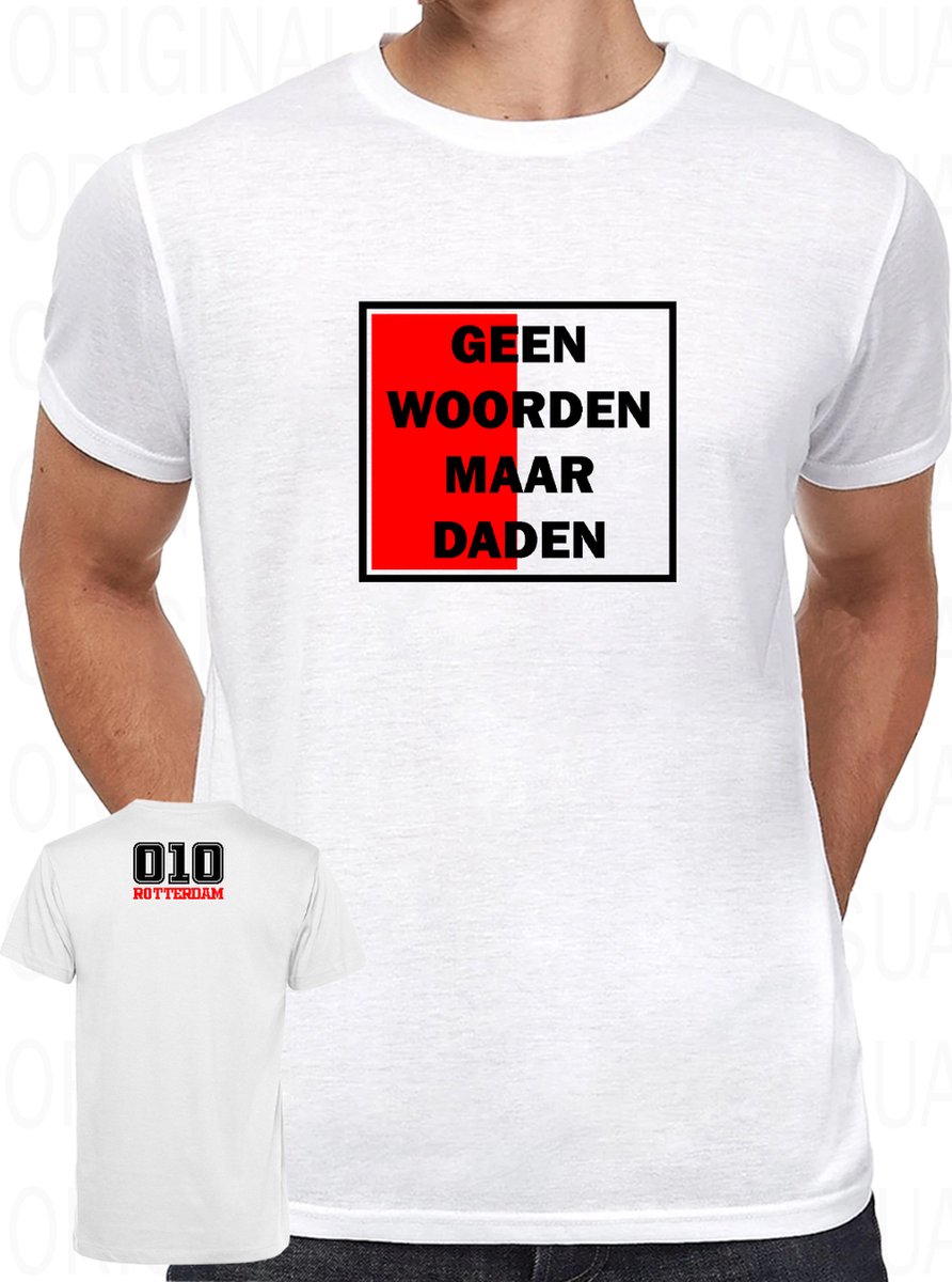 GEEN WOORDEN MAAR DADEN herenshirt - Wit - Maat 3XL - Korte mouwen - Ronde hals - Regular Fit - Feyenoord - 010 Rotterdam - Legioen - Hand in hand kameraden - Original Kwoots