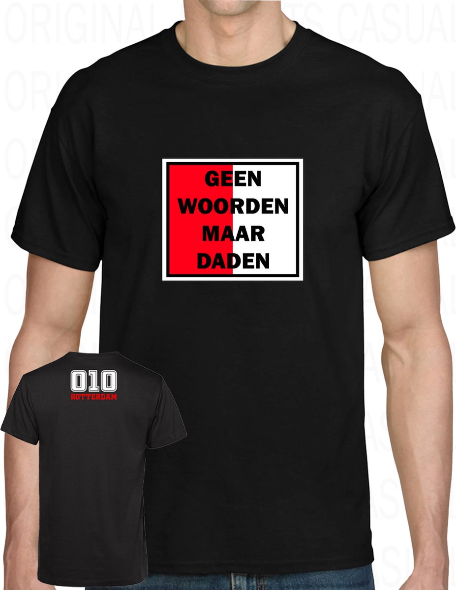 GEEN WOORDEN MAAR DADEN herenshirt - Zwart - Maat 3XL - Korte mouwen - Ronde hals - Regular Fit - Feyenoord - 010 Rotterdam - Legioen - Hand in hand kameraden - Original Kwoots