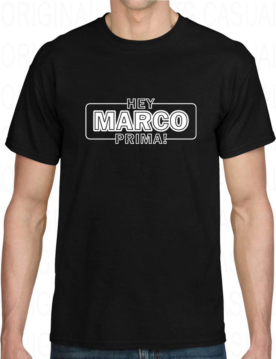 HEY MARCO PRIMA! Heren t-shirt – Maat 3XL - Zwart - Korte mouwen - Ronde hals - Regular Fit - Grappige teksten - Original Kwoots - Humor - Tekst shirt - Cadeau - TikTok - Trending