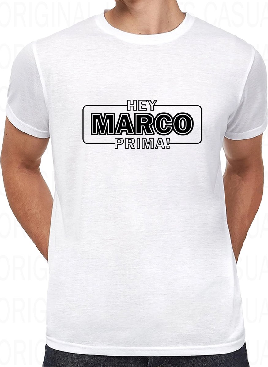 HEY MARCO PRIMA! Heren t-shirt – Maat XL - Wit - Korte mouwen - Ronde hals - Regular Fit - Grappige teksten - Original Kwoots - Humor - Tekst shirt - Cadeau - TikTok - Trending