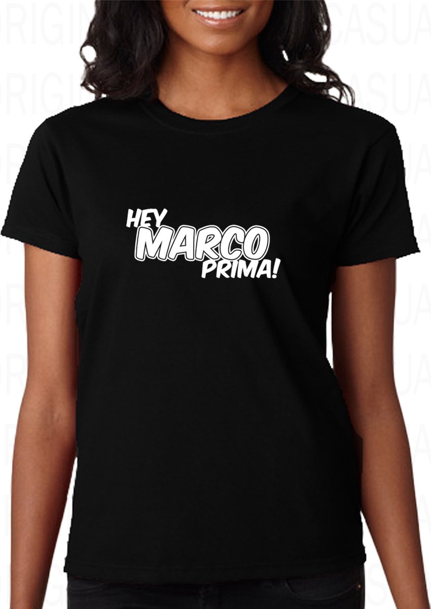 HEY MARCO PRIMA! damesshirt – Maat L - Zwart - Korte mouwen - Ronde hals - Regular Fit - Grappige teksten - Original Kwoots - Humor - Tekst shirt - Cadeau - TikTok - Trending