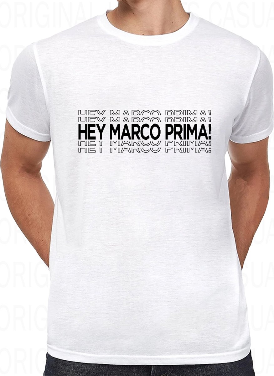 HEY MARCO PRIMA! herenshirt – Maat 4XL - Wit - Korte mouwen - Ronde hals - Regular Fit - Grappige teksten - Original Kwoots - Humor - Tekst shirt - Cadeau - TikTok - Trendy