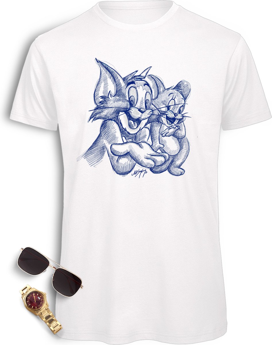 Heren t Shirt Tom and Jerry - Cartoon Tom and Jerry mannen T-shirt -  Maten S t/m 3XL Shirt kleur wit.