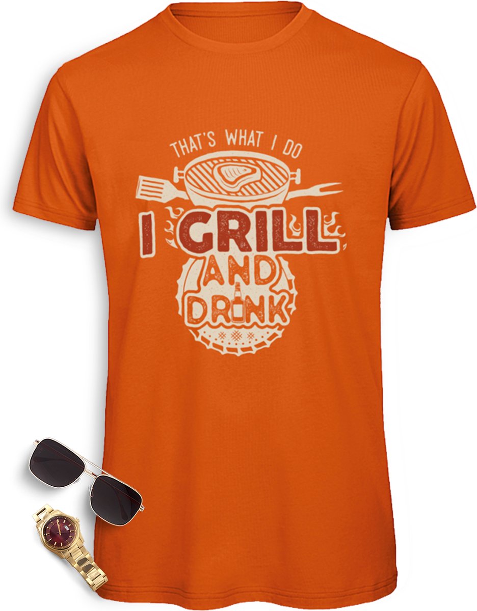 Heren t Shirt met BBQ opdruk - Mannen tShirt grappig Grill and Drink print - Maten: S M L XL XXL XXXL - Shirt kleuren: zwart, rood, urban oranje en royal blauw.