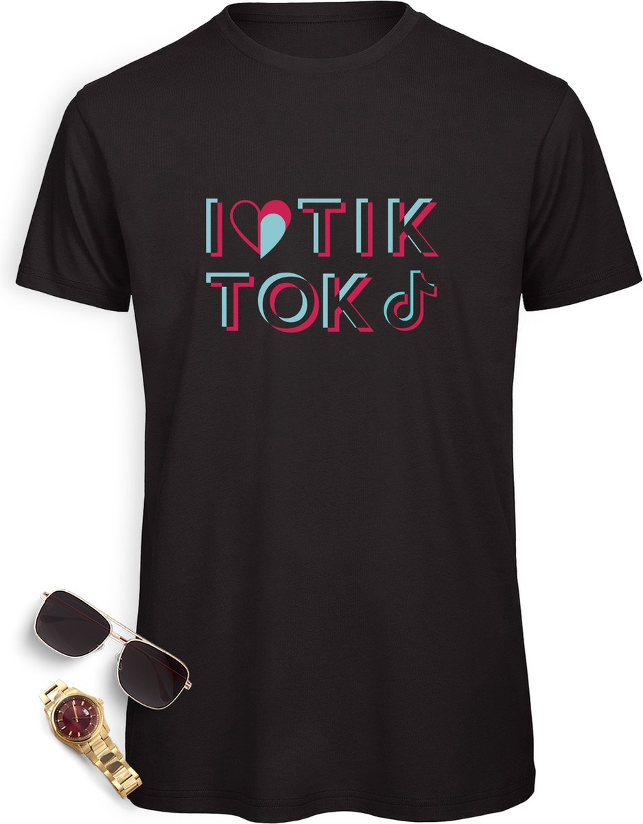 Heren t Shirt met grappige opdruk- I Love Tik Tok - Mannen tShirt met print TikTok - Maten: S M L XL XXL XXXL- Shirt kleur: zwart.