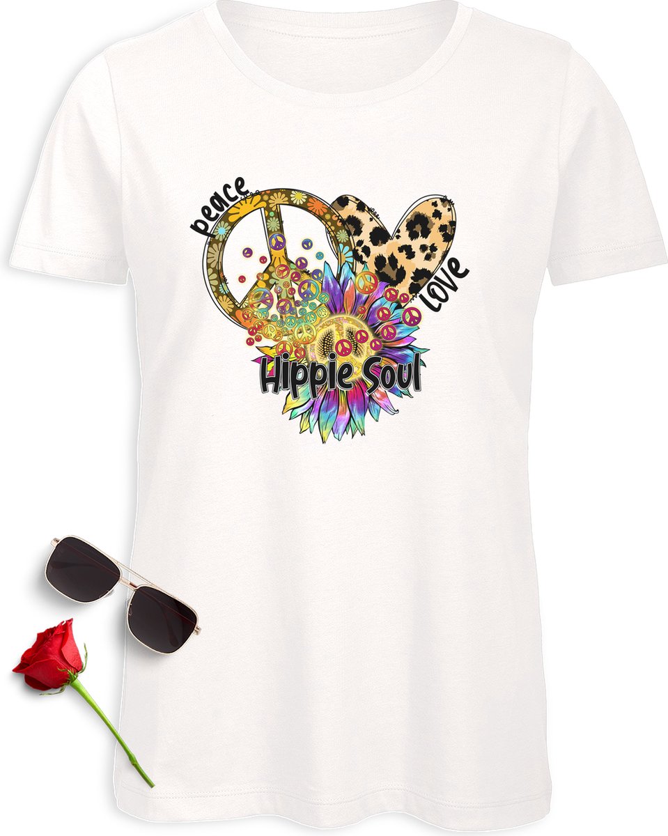 Hippie Soul T Shirt - Peace tshirt dames - Love t-Shirt vrouwen - tshirt met vrolijke print opdruk - Verkrijgbaar in maten: S M L XL XXL - T shirt kleur: Wit en groen (Real Green)