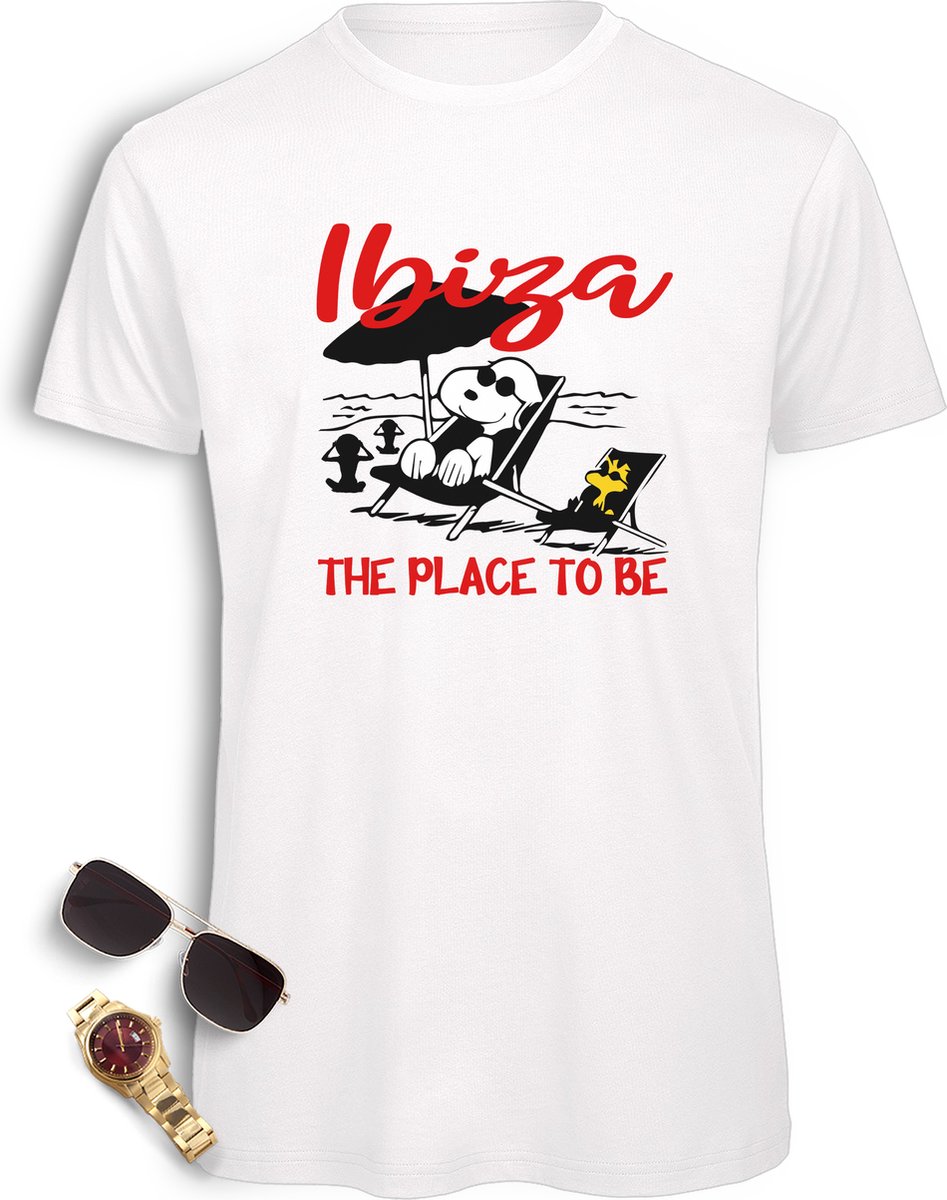 Ibiza t shirt heren - Ibiza Snoopy tshirt mannen - Vakantie t-shirt met print opdruk - Maten: S M L XL XXL XXXL - Verkrijgbaar in de kleuren: Wit, Geel, Licht grijs en khaki.