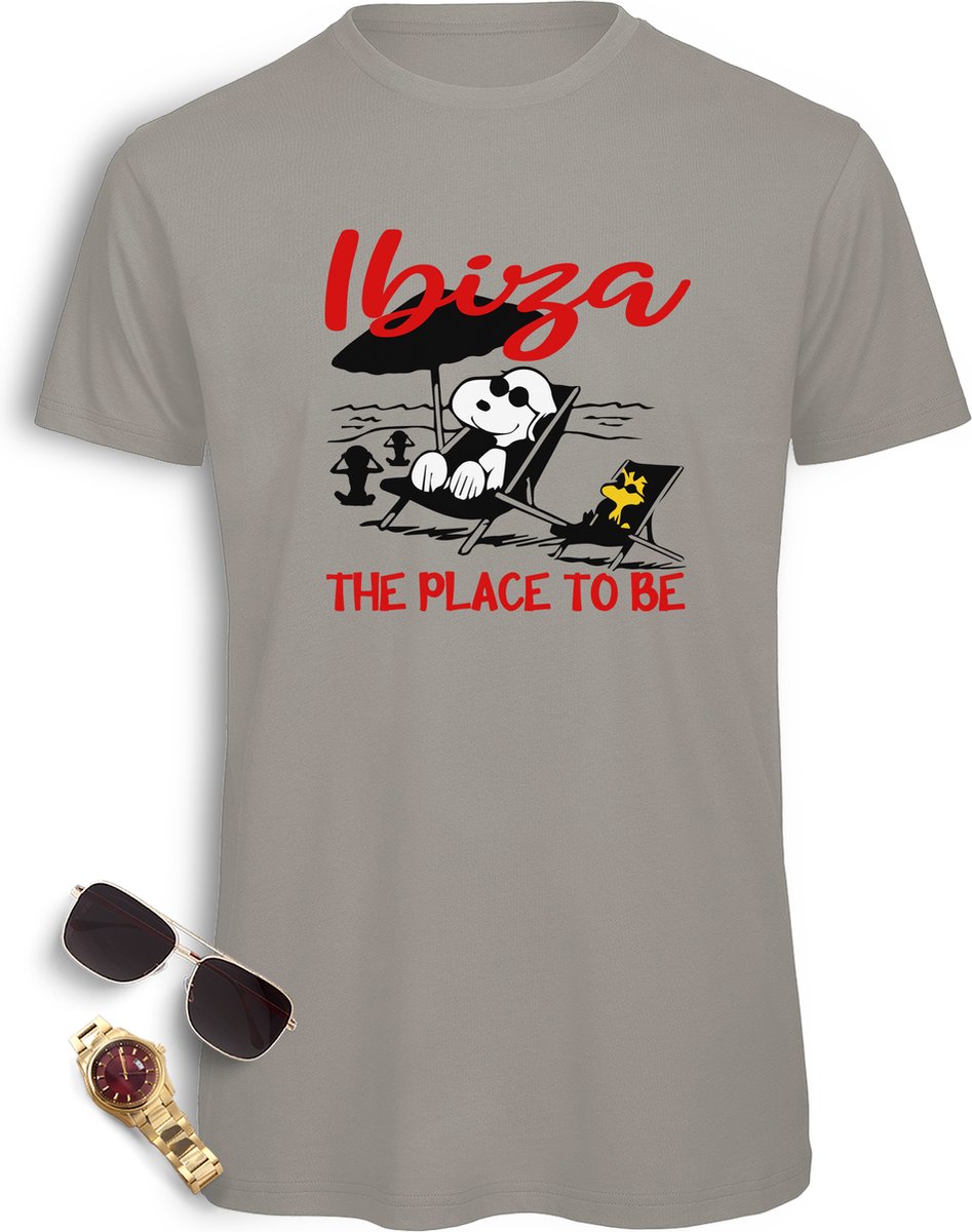 Ibiza t shirt heren - Ibiza Snoopy tshirt mannen - Vakantie t-shirt met print opdruk - Maten: S M L XL XXL XXXL - Verkrijgbaar in de kleuren: Wit, Geel, Licht grijs en khaki.