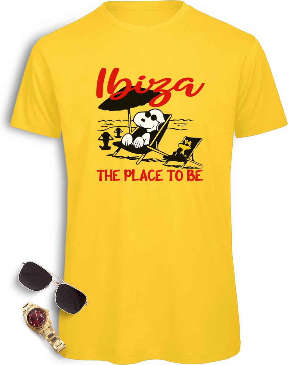 Ibiza t shirt heren - Ibiza Snoopy tshirt mannen - Vakantie t-shirt met print opdruk - Maten: S M L XL XXL XXXL - Verkrijgbaar in de kleuren: Wit, Geel, Licht grijs en khaki.