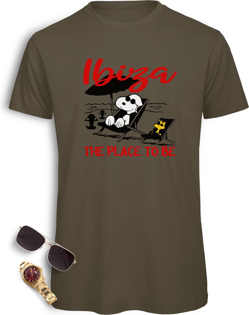 Ibiza t shirt heren - Ibiza Snoopy tshirt mannen - Vakantie t-shirt met print opdruk - Maten: S M L XL XXL XXXL - Verkrijgbaar in de kleuren: Wit, Geel, Licht grijs en khaki.