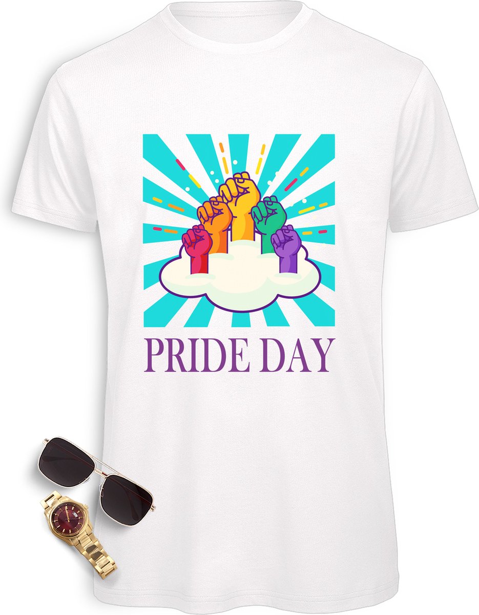 Pride Day mannen t-Shirt - Pride Day t Shirt heren - Pride Day Shirt met print opdruk - Maten: S M L XL XXL XXXL - tshirt kleuren: wit, zwart, oranje en fuchsia.