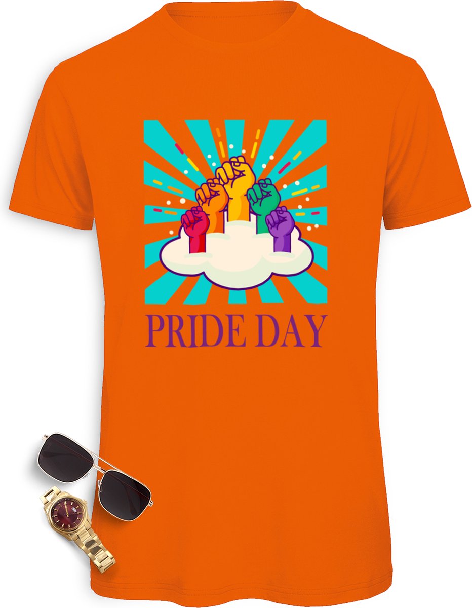 Pride Day mannen t-Shirt - Pride Day t Shirt heren - Pride Day Shirt met print opdruk - Maten: S M L XL XXL XXXL - tshirt kleuren: wit, zwart, oranje en fuchsia.