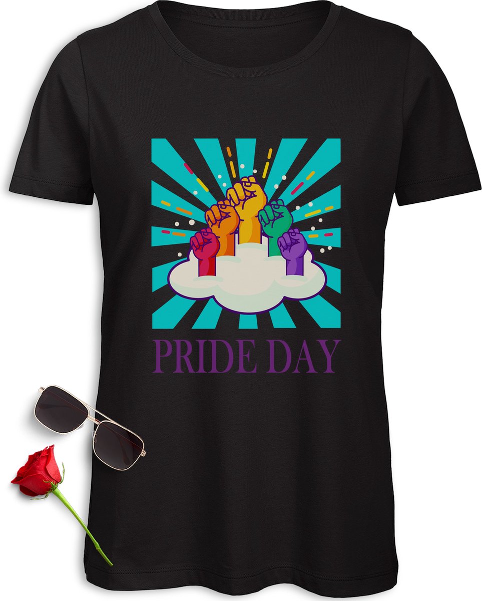 Pride Day vrouwen t-Shirt - Pride Day t Shirt dames - Pride Day Shirt met print opdruk - Maten: S M L XL XXL - tshirt kleuren: wit, zwart, oranje en fuchsia.