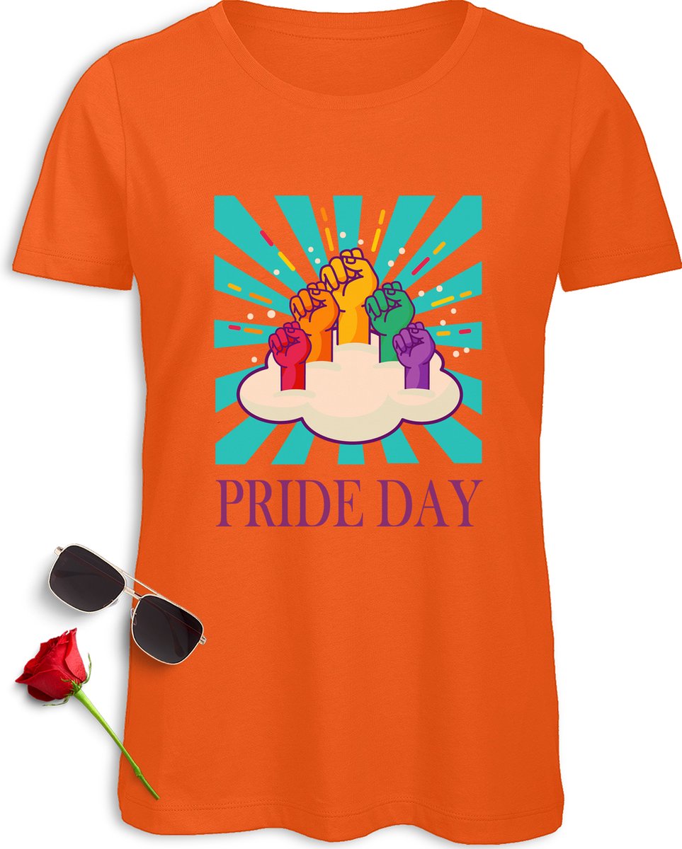 Pride Day vrouwen t-Shirt - Pride Day t Shirt dames - Pride Day Shirt met print opdruk - Maten: S M L XL XXL - tshirt kleuren: wit, zwart, oranje en fuchsia.