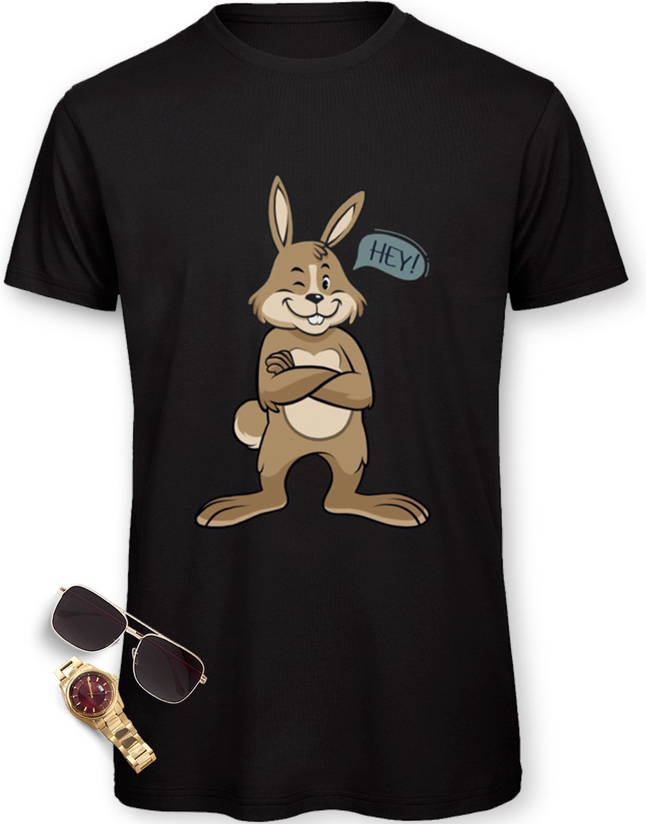 T-shirt - Grappig t Shirt met Cartoon Bunny - Heren tShirt met leuk konijn - Mannen t Shirt met print opdruk - Maten: S M L XL XXL XXXL - Shirt verkrijgbaar in kleuren: Zwart, Khaki en Urban Oranje