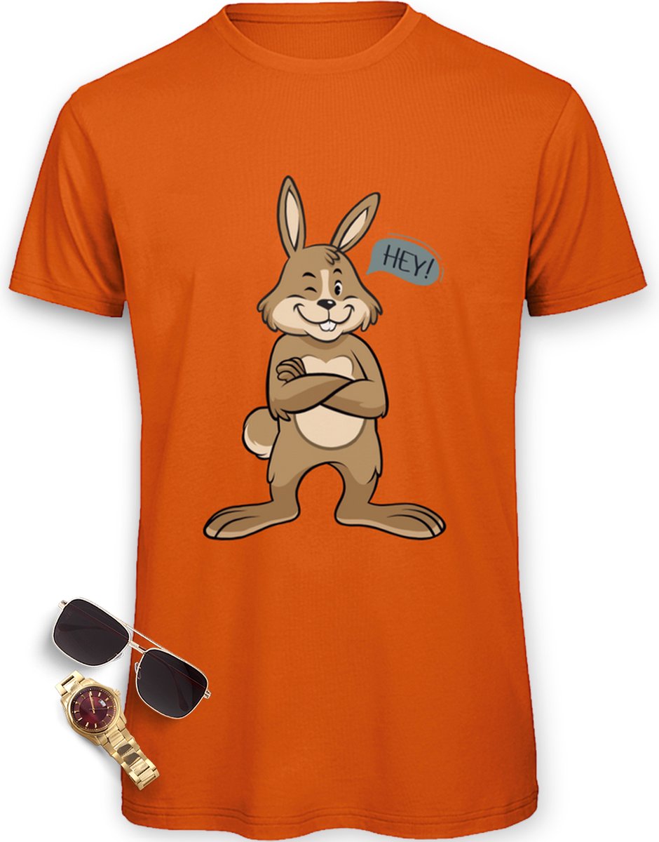 T-shirt - Grappig t Shirt met Cartoon Bunny - Heren tShirt met leuk konijn - Mannen t Shirt met print opdruk - Maten: S M L XL XXL XXXL - Shirt verkrijgbaar in kleuren: Zwart, Khaki en Urban Oranje