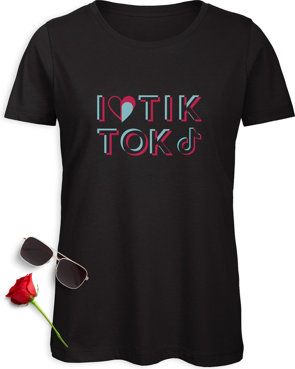 Tik Tok Dames T Shirt - TikTok Vrouwen tShirt - I love Tik Tok T-shirt - Maten: S M L XL XXL - Shirt kleur: Zwart.