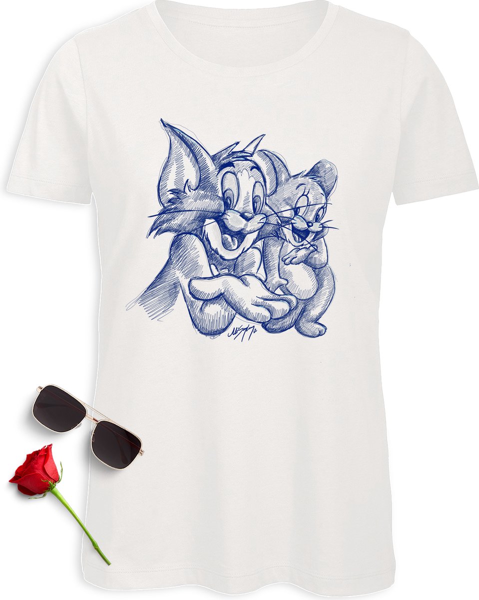 Tom and Jerry T-Shirt - Grappig tshirt vrouwen - Dames t shirt met print - Verkrijgbaar in de maten: S t/m 2XL - T shirt kleur Wit.