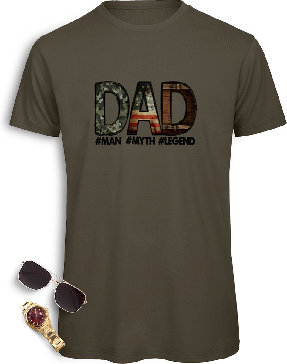 Vader t-shirt - Heren tshirt met print - Dad Man Myth Legend - Mannen t shirt met DAD opdruk - Vaderdag Cadeau - Maten: S M L XL XXL XXXL  - t shirt kleur: Khaki.