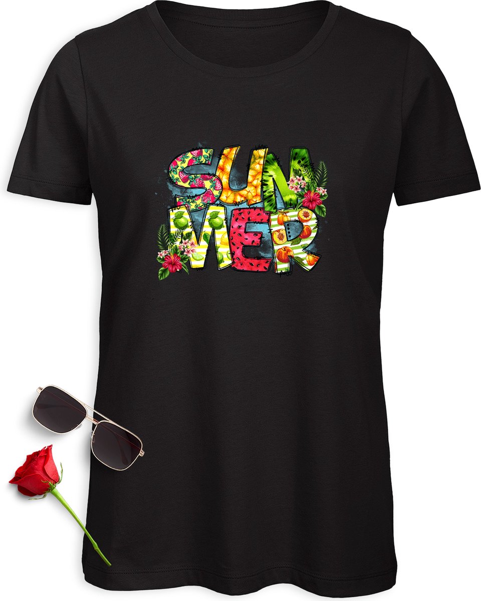 Zomer t shirt dames - Summer tshirt vrouwen - Vrolijk kleurrijk zomer t-shirt - Maten: S M L XL XXL - t-shirt kleuren: Wit, Zwart, Groen en Geel.