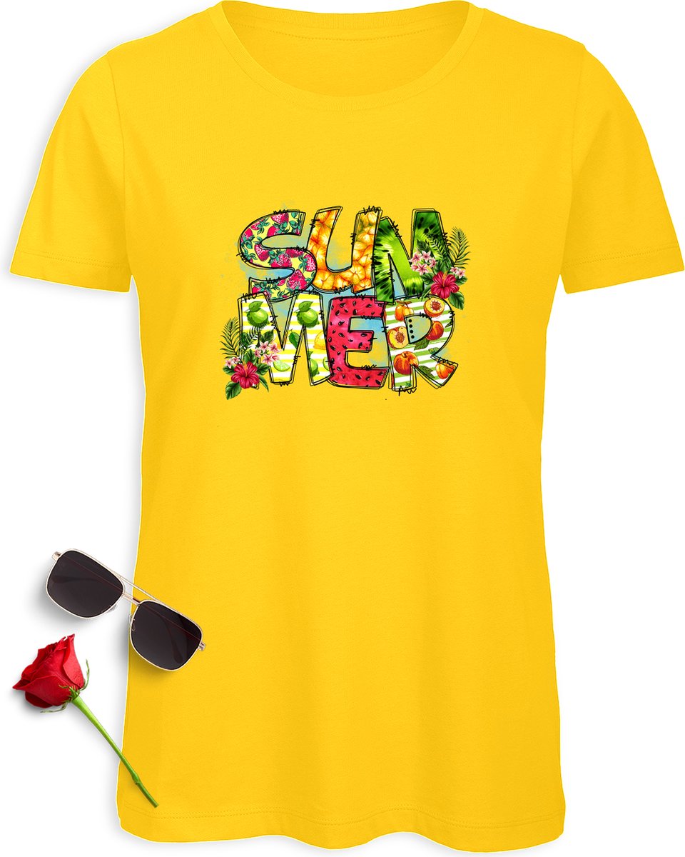 Zomer t shirt dames - Summer tshirt vrouwen - Vrolijk kleurrijk zomer t-shirt - Maten: S M L XL XXL - t-shirt kleuren: Wit, Zwart, Groen en Geel.