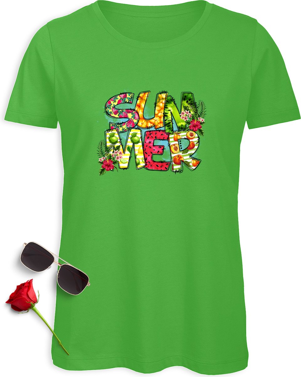 Zomer t shirt dames - Summer tshirt vrouwen - Vrolijk kleurrijk zomer t-shirt - Maten: S M L XL XXL - t-shirt kleuren: Wit, Zwart, Groen en Geel.