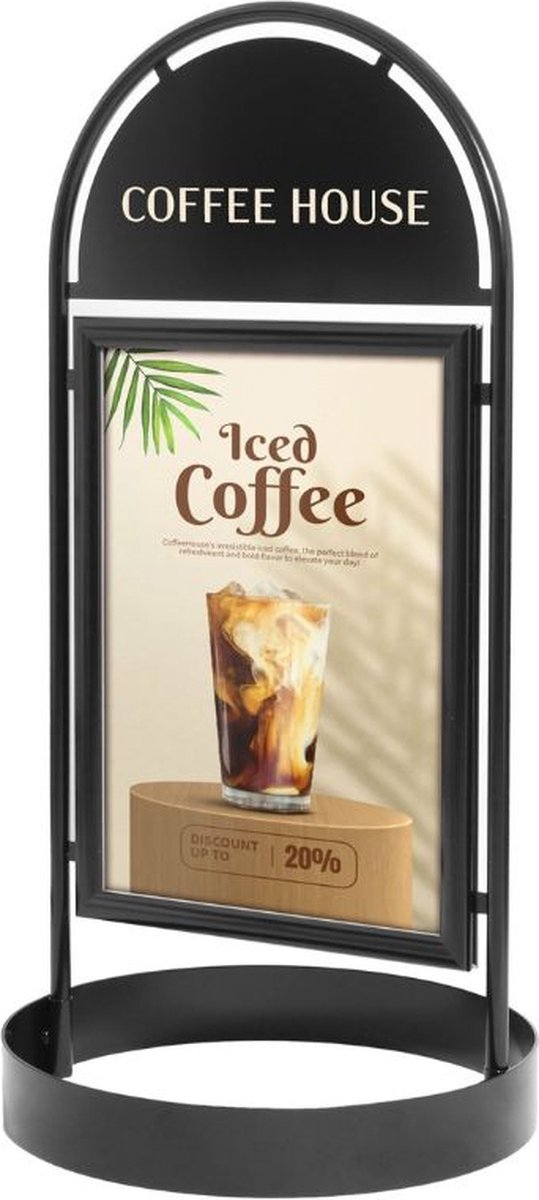 Stoepbord rond dubbelzijdig B1 staal zwart / posterformaat 70x100cm / klantenstopper / sandwichbord / waterdicht