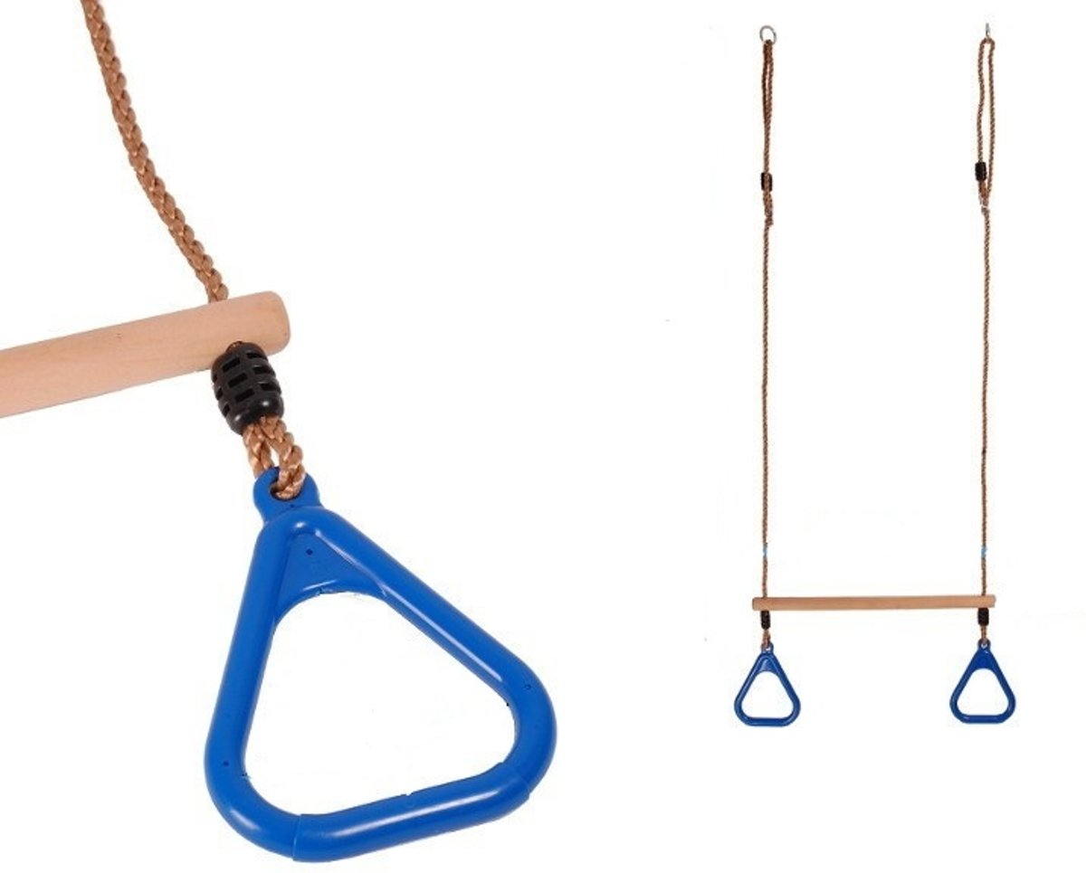 Houten trapeze met kunststof driehoeksringen Blauw en PP Touw