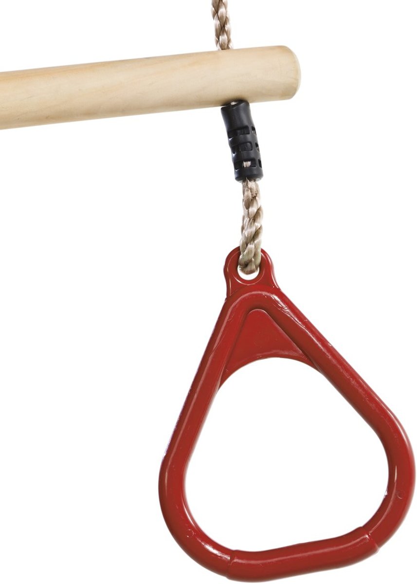 Houten trapeze met kunststof driehoeksringen Rood en PP Touw