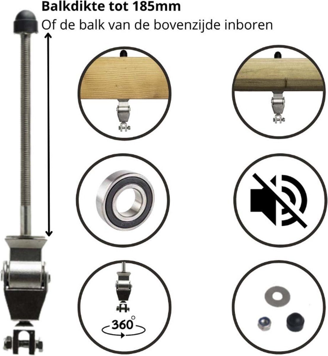 Schommelhaak RVS Openbaar Premium met 2 Kogellagers - Geluidstille - Scharnier - M12 200mm 360° roterend (1 stuk)