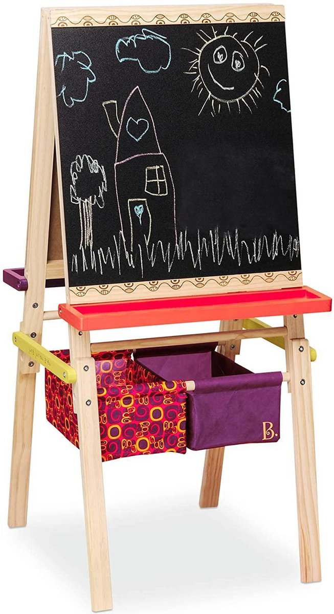 B. toys by Battat B. speelgoed schoolbord kinderen, tekentafel met krijtbord, whiteboard, papierhouders, planken en 2 bakjes voor accessoires - ezel houten speelgoed vanaf 3 jaar