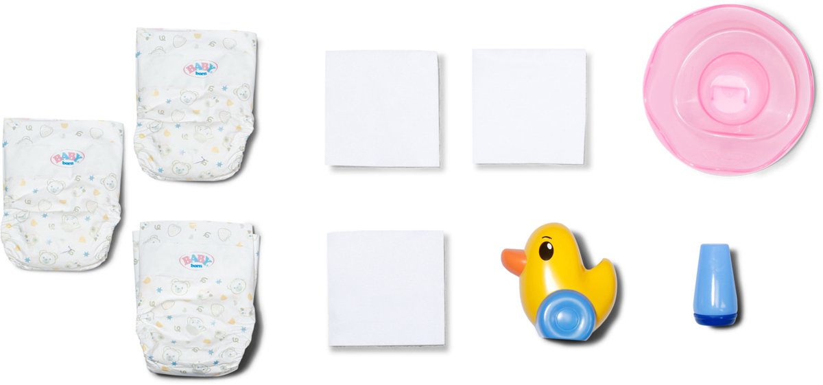   Potjesset voor poppen met luiers, tube crème en Berta de eend als doekjesdispenser.