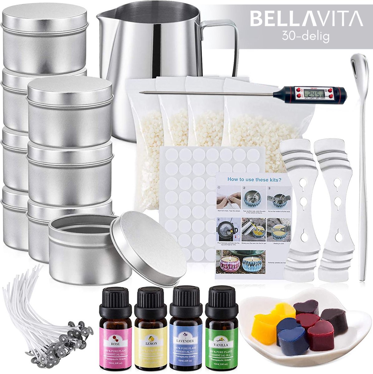 BELLAVITA Kaarsen maken - 30-delig - Thermometer - Kaarsen maken set - Kaarsen set - Soja Was - 4 verschillende etherische oliën - Zelf kaarsen maken - Candle making kit - Smeltpan - Kaars