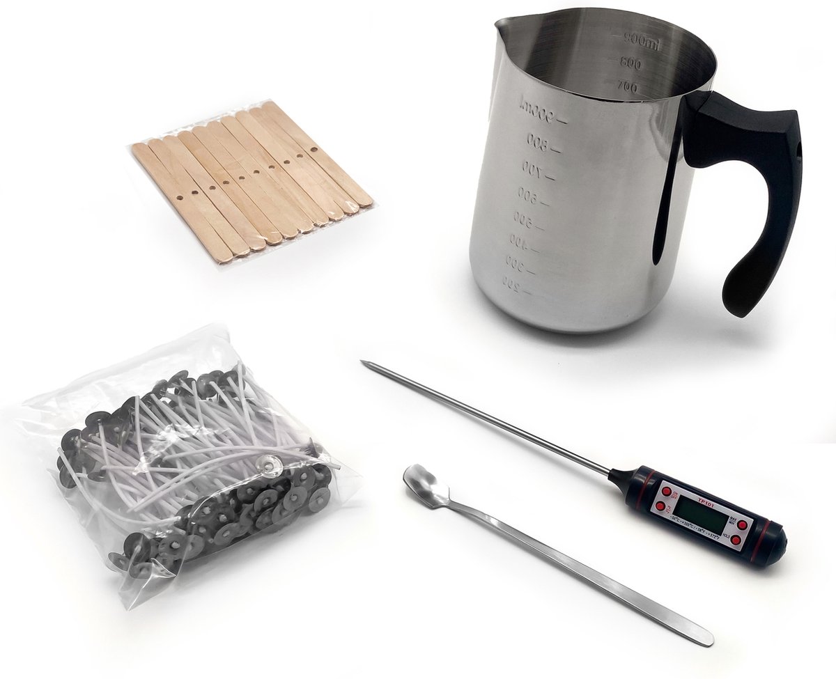   Kaarsenmakerset - 900ml - Candle making kit -  Kaarsen maken - Zelf kaarsen maken - Set - Smeltpan - Wax - 100x  en - Thermometer -  10x   houder - Lepel - RVS - Roestrvij staal