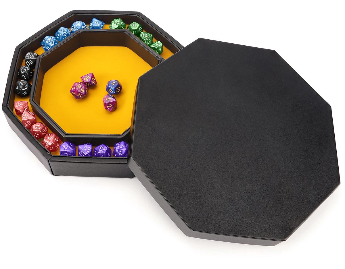 Belle Vous Zwart PU Lederen en Geel Velours Octogoon Rol Dobbelstenen Opslag Tray met Deksel - Dobbelstenen Houder voor Tafelgames als DND of Allesvanger voor Sieraden