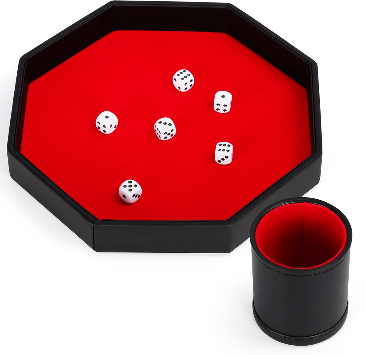Belle Vous Zwart PU Leer en Rood Velours Octogoon Dobbelstenen Rol Tray met Cup & Dobbelstenen - Dice Houder voor Tafeltop Games als DND/D&D met Bijpassende Kop - Sieraden Allesvanger