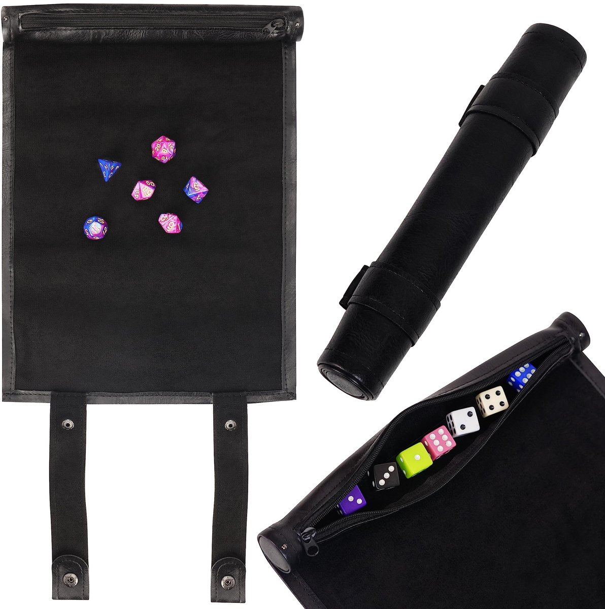 Belle Vous Zwarte Scroll Dice Tray en Rolmat - PU Leren Dice Opslag Doos Houder met Rits - Vouwbare Polyhedrale Dice Tray, Ideaal voor DND, RPG, Dice/Boardgames & Andere Tafelgames