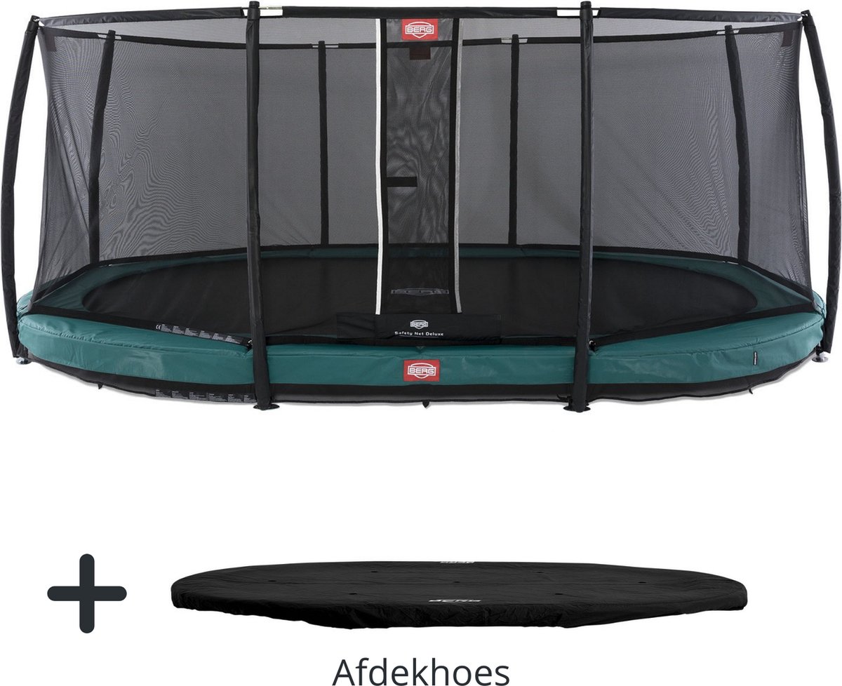 BERG Trampoline Grand Champion met Veiligheidsnet - Safetynet Deluxe - InGround - 350 x 250 cm - Groen - Met Zwarte Afdekhoes