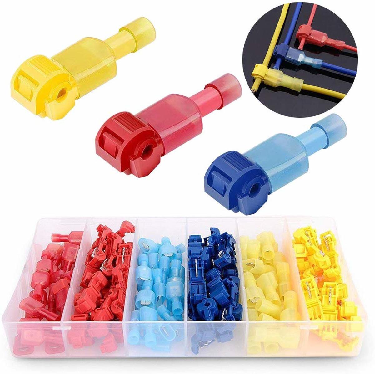 120 stuks T-Aftakverbinder en platte connector snelverbinder kit voor snelle verbindingskabel set (rood, blauw, geel)